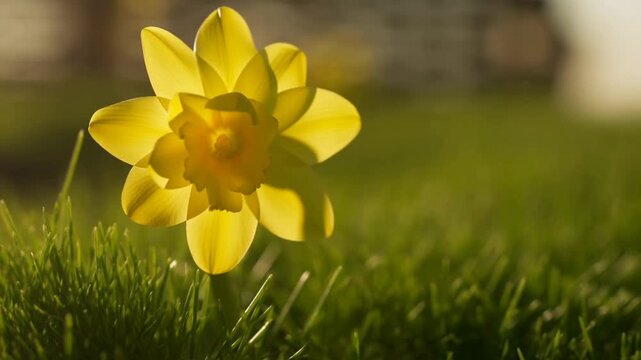 Tracking dolly forward shot of yellow daffodil blooming and turning in sunlit grass on backyard lawn during spring morning closeup