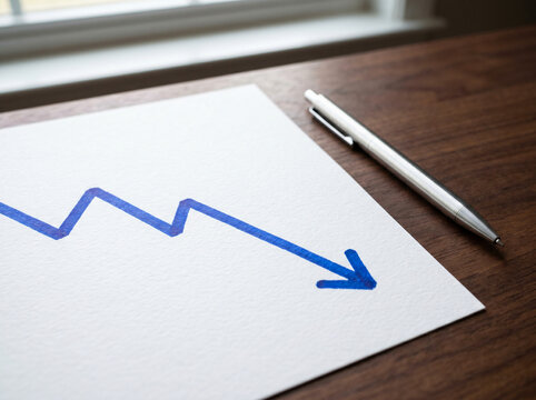 Stock market falling arrow graph drawn on a paper on the desk / 책상 위 종이에 그려진 주가 하락 화살표 그래프 / 机の上の紙に描かれた株価下落矢印グラフ