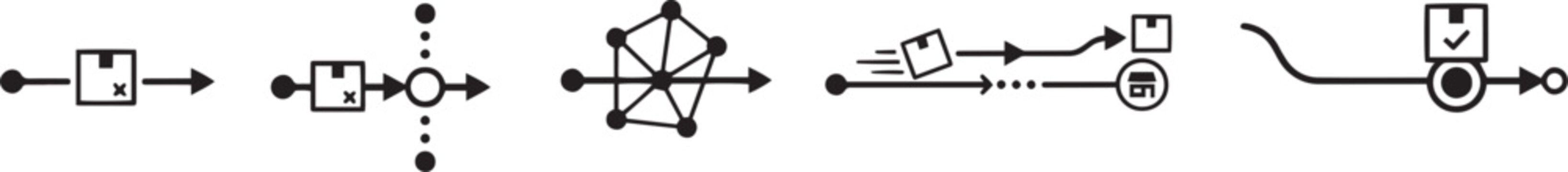 Order fulfillment line icon collection showing shipping transit network mapping warehouse dispatch and delivery tracking