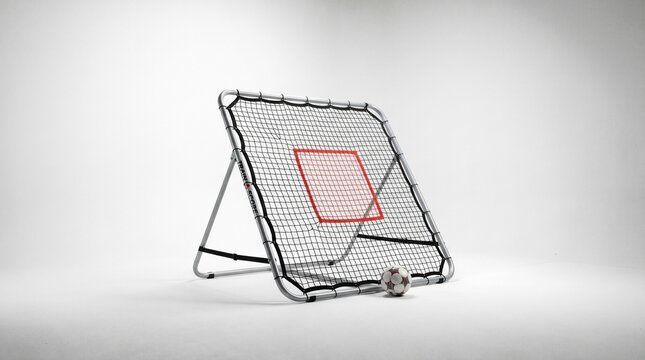 Soccer Rebounder Net: A professional soccer rebounder net with a target zone and a ball, isolated on a clean backdrop, ready for training drills.