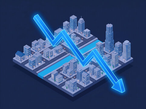 Stock market falling arrow chart over a miniature city background / ミニチュア都市の背景の上の株価下落矢印チャート / 도시 배경 위의 주가 하락 화살표 차트 