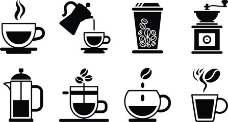 Obraz premium Coffee and Cafe Beverage Silhouette Icon Collection Featuring Brewing Equipment Cups Beans and Hot Drinks