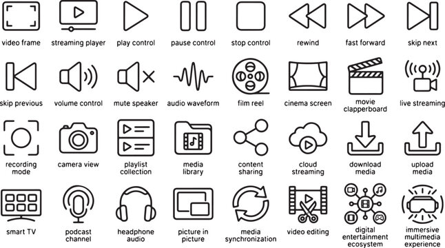 Set of multimedia and video player line icons