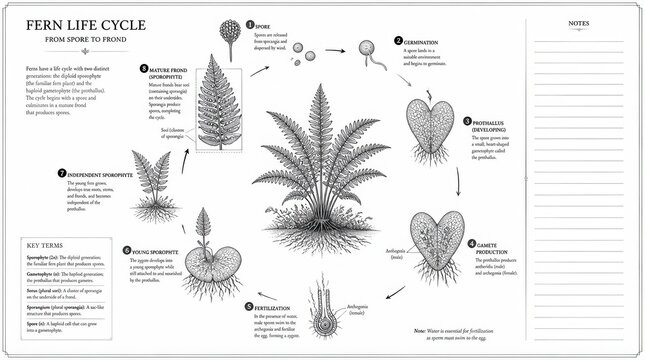 Detailed Botanical Illustration of the Fern Life Cycle From Spore to Mature Frond