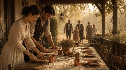 Obraz premium Nostalgic SepiaToned Image of a Young Couple Setting a Table for a Gathering on a Porch