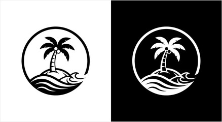 Naklejka premium Tropical Island Palm Tree and Ocean Waves Emblem.