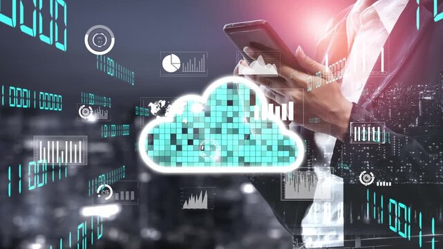 A professional businessman interacts with a smartphone against a backdrop of cloud technology and digital analytics, emphasizing innovation and connectivity in modern business. Xenic