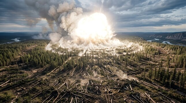 Massive explosion and shockwave flattening trees in dense forest.