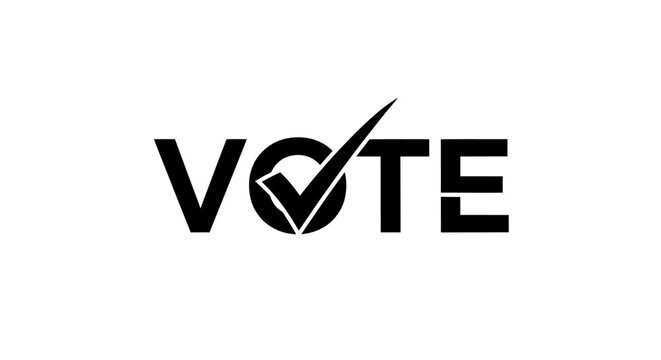 Bold black and white digital illustration of the word vote with a checkmark integrated into the letter o symbolizing voting democracy and civic participation on a plain white