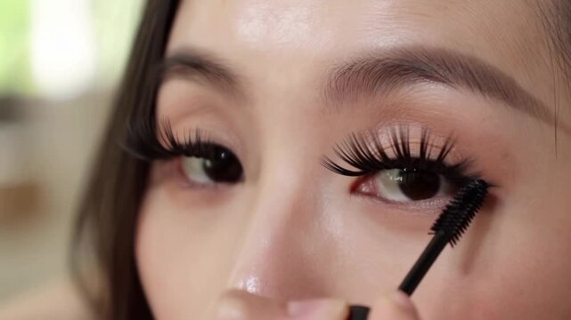 Woman perfects dramatic eyelash look with mascara in closeup makeup routine