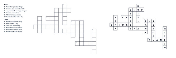 Obraz premium Crossword blank puzzle with clues and solution, educational word game with grid for learning, printable activity sheet for kids and adults