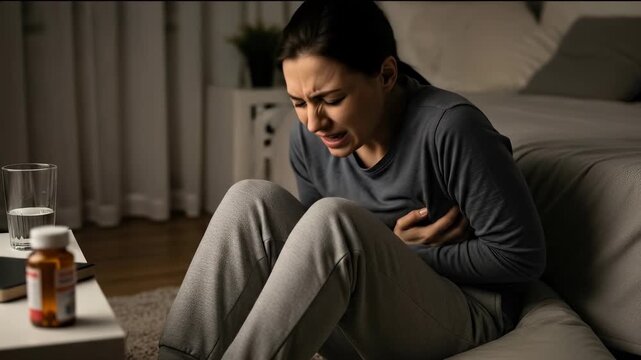 Intestinal disease causing severe abdominal pain, suffering woman clutching stomach, dark bedroom setting, medical health condition, urgent care concept, prescription medicine