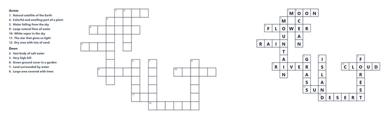 Obraz premium Crossword blank puzzle with clues and solution, word game grid, printable activity page for brain teasers, educational and recreational use