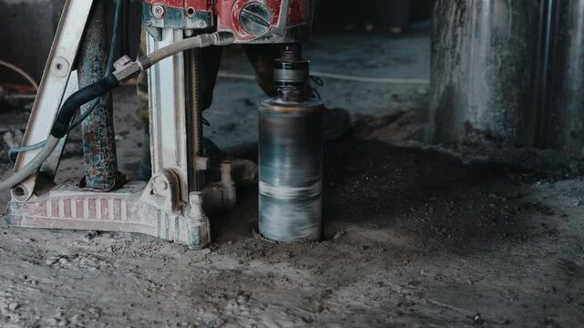 Core drilling concrete floor with diamond drill rig during construction