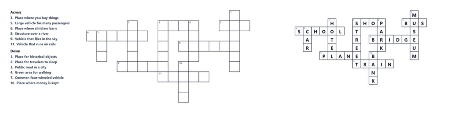 Crossword blank puzzle with clues and solution, word game grid template, printable brain teaser for educational activity