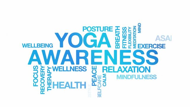 Yoga awareness concept Animated Tag Word Cloud kinetic typography, Text Design Animation typography seamless loop video motion graphics Intro Wordart arrangement blue type on white background bg backd