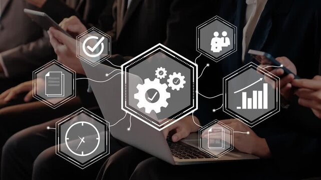 Business professionals engaged in technology with graphical icons representing data analysis, teamwork, productivity, and project management concepts in modern office Gluon.