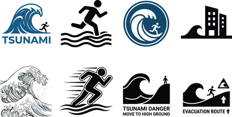 Fototapeta premium Tsunami Warning and Evacuation Silhouette Icon Set with Ocean Wave Disaster Safety Emergency Symbols Collection