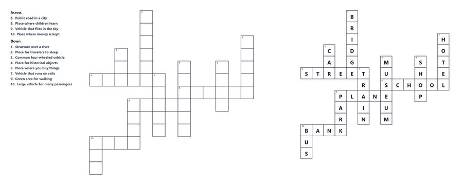 Crossword blank puzzle with clues and solution, grid layout, educational word game for brain exercise, printable activity for learning and leisure