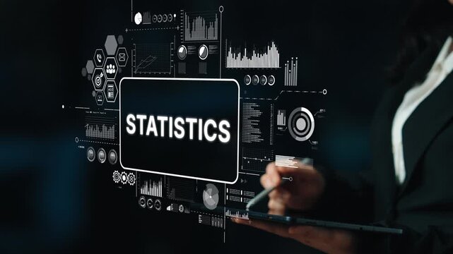 Business Professional Analyzing Statistics Data on Digital Screen with Modern Interface Elements in Dark Environment. Asymptotic smart data analytic.
