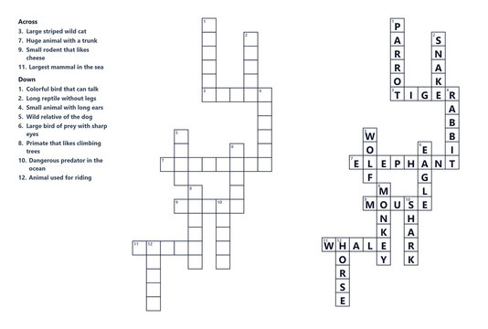 Crossword themed animal puzzle with clues and solution, educational word game for kids, printable activity worksheet