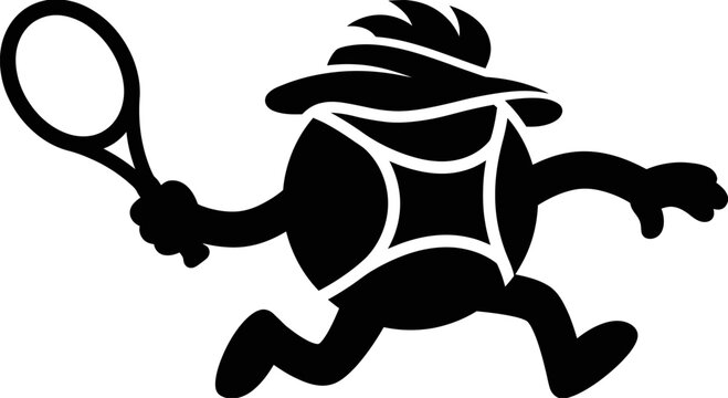 Tennis ball cartoon character mascot running with racket vector icon Cute funny tennis ball character silhouette logo for sports design
