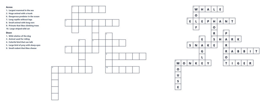 Crossword blank puzzle with clues and solution, printable activity for adults, educational brain teaser worksheet, black and white grid