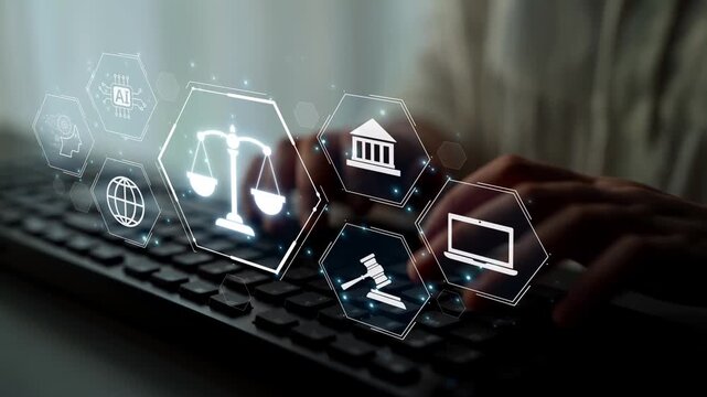 Futuristic digital law interface displaying justice scale, highlighting digital law, AI compliance, digital law systems, and digital law regulations for secure governance. Muxer
