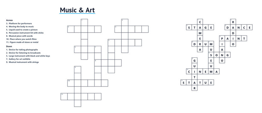 Crossword themed Music Art with clues and solution