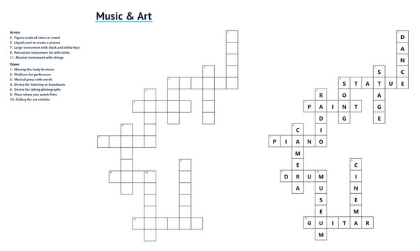Crossword themed Music Art with clues and solution, educational word puzzle for kids and adults, printable activity page