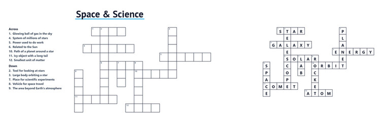 Obraz premium Crossword themed Space Science with clues and solution, educational word puzzle, printable activity for learning, includes answer key