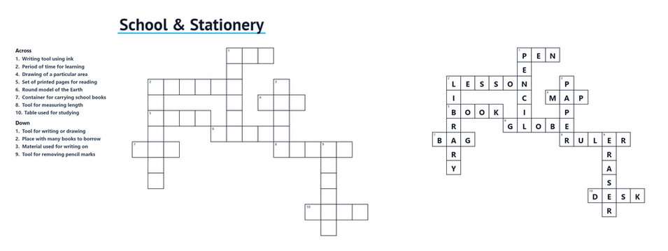 Crossword themed School Stationery with clues and solution, educational word puzzle for kids and adults, printable activity worksheet