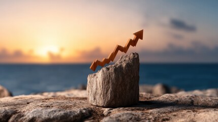 Naklejka premium A jagged arrow pointing upward stands on a rock at sunset, symbolizing growth and progress against a blurred ocean horizon.