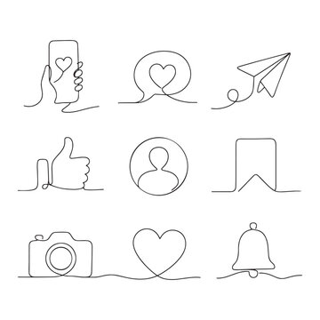Continuous Line Social Media Icons Set &mdash; Heart Phone, Chat Bubble, Paper Plane, Like, Profile, Bookmark, Camera, Bell Vector