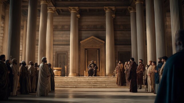 In the royal court of Babylon, Daniel stands among the kingdom&rsquo;s officials holding a scroll, distinguished by wisdom, integrity, and faithfulness as he serves before the king.
