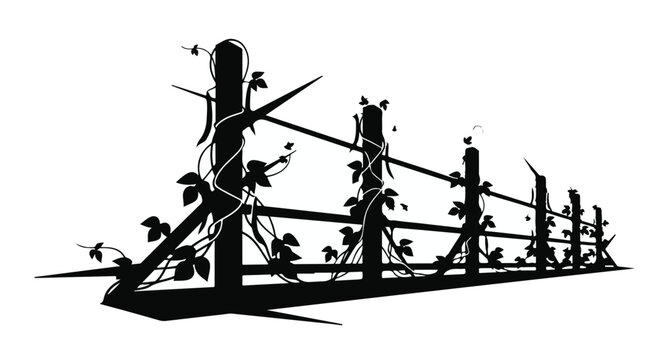 Fence posts are covered in climbing vines and lush leaves in a rustic garden setting.