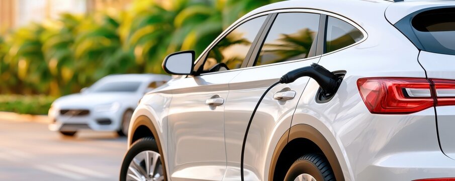 White electric SUV charging at a public station with a blurred urban background