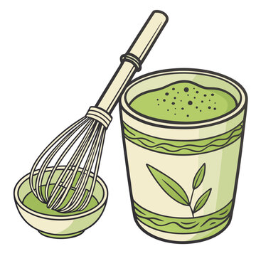 Whisk and cup with green matcha powder being prepared for cooking green tea food prepara