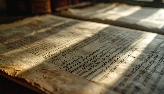 Close view of an ancient medieval manuscript page revealing faint under-script and weathered text illuminated by soft light