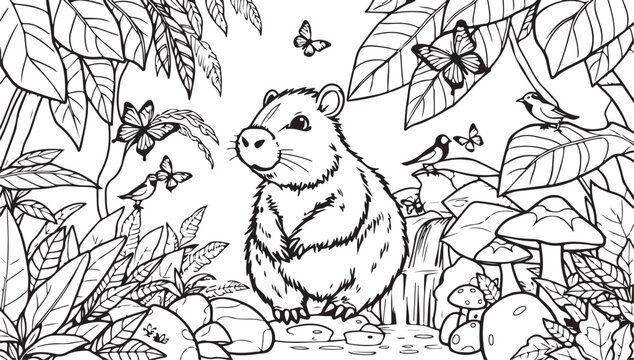 Baby Capybara Rainforest Adventure Coloring Page Vector