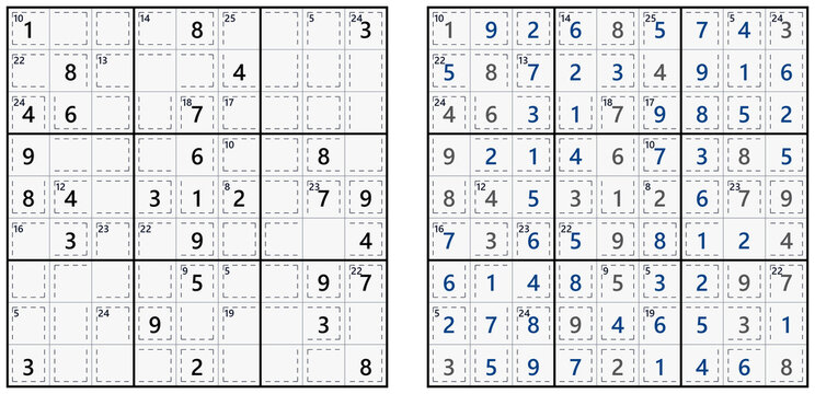 Expert Killer Sudoku puzzle with answer grid and transparent background. Advanced educational number challenge for puzzle books, classroom enrichment, digital learning products, websites and