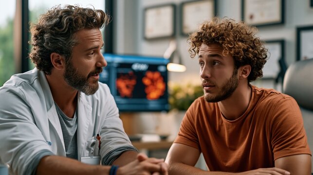A compassionate geneticist consulting with a young adult male patient in a modern clinical office, reviewing chromosomal karyotype results on a large screen showing 47 XXY pattern