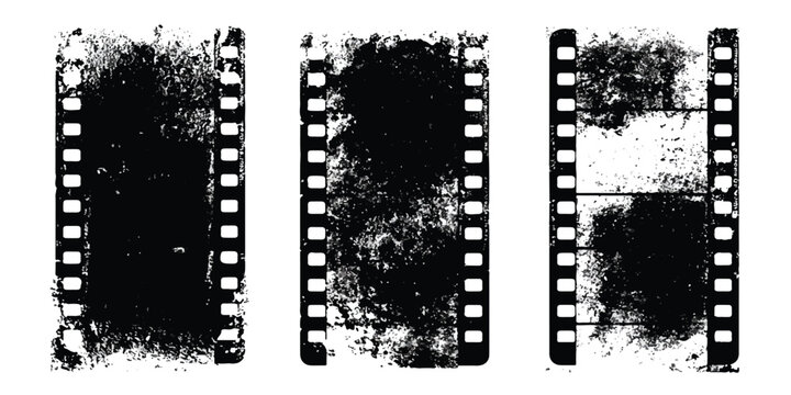 Three vertical vintage film strip frames with grunge texture and distressed black ink effects