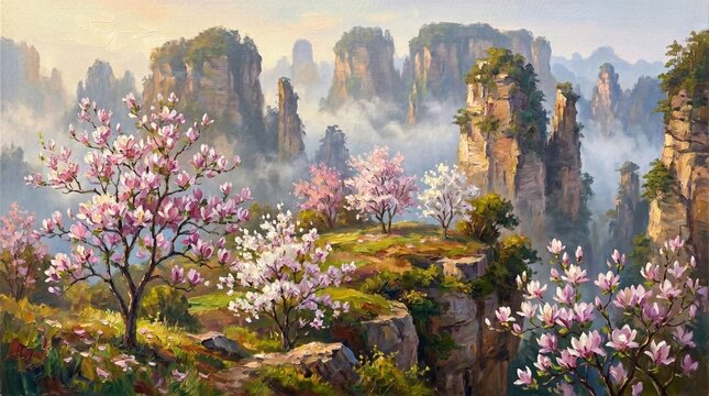 Impressionist Oil Painting of Snowy Alpine Peaks and Purple Wildflower Valley at Sunset