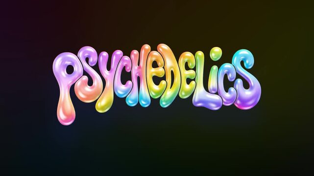 Colorful 3D bubble text spelling &ldquo;Psychedelics&rdquo; with a glossy rainbow candy finish