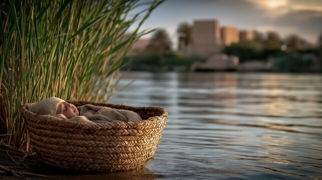 A woven basket carries the infant Moses through the Nile&rsquo;s quiet reeds at sunrise while Miriam watches from afar, illustrating how God&rsquo;s unseen guidance preserves a future leader for a greater purpose