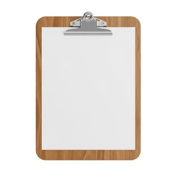 A wooden clipboard with a silver metal clip and blank white paper sheet isolated on white background
