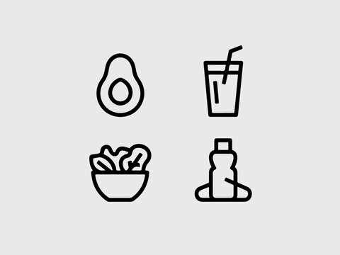 Set of healthy food icons including avocado salad drink and bottle simple line art for nutrition apps and wellness concepts isolated on gray background