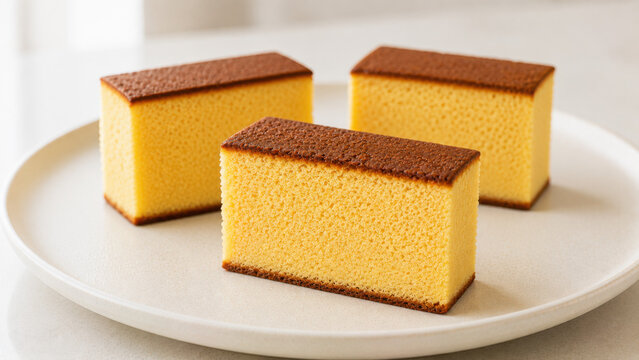 Japanese Castella Cake With Soft Sponge Texture in Bright White Cafe Style