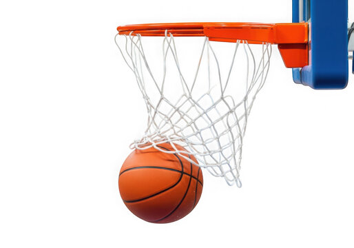 Basketball going through a net with hoop